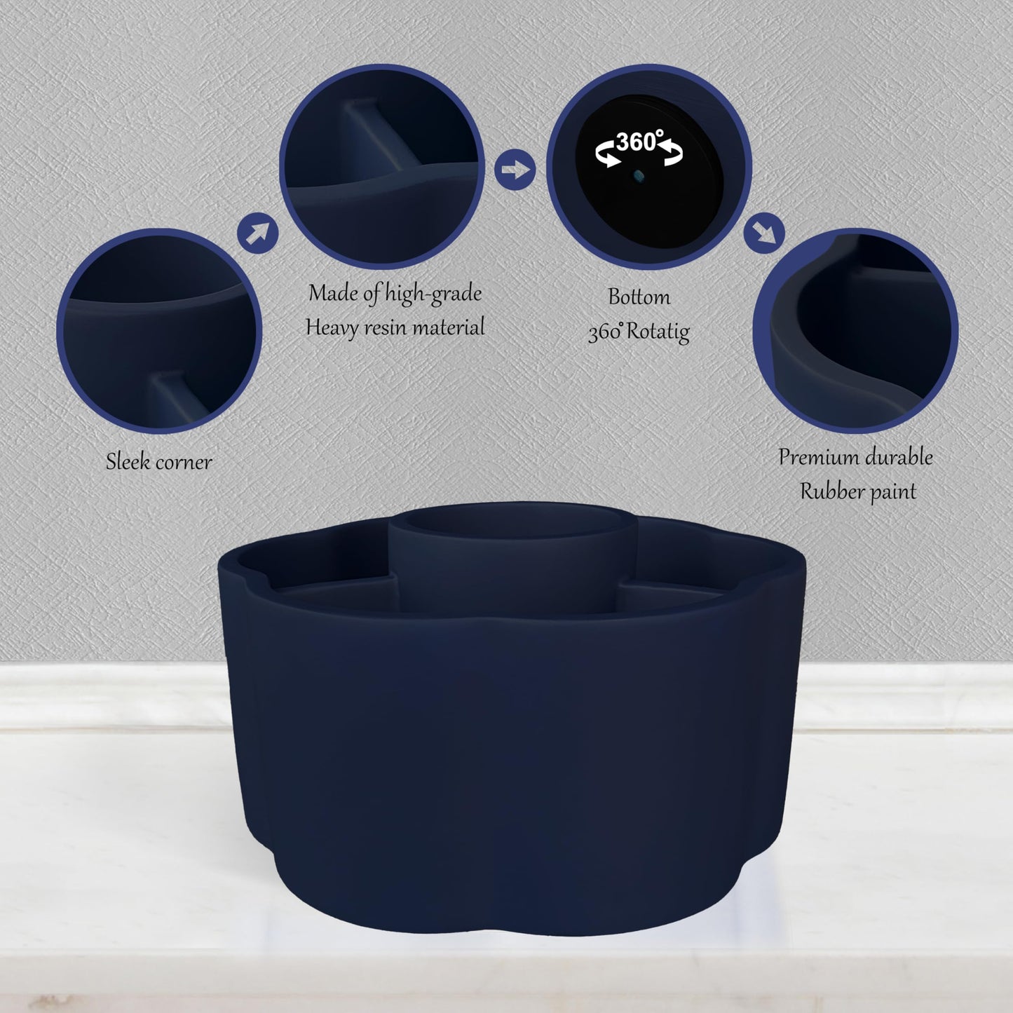 UNICYEEGAR 360° Rotate Makeup Brush Holder, 4 Slot Spin Beauty Tools Organizer, Brush Countertop Display Case, Desktop Storage, Bathroom Vanity Holder, Resin with Navy Blue Rubber Paint.