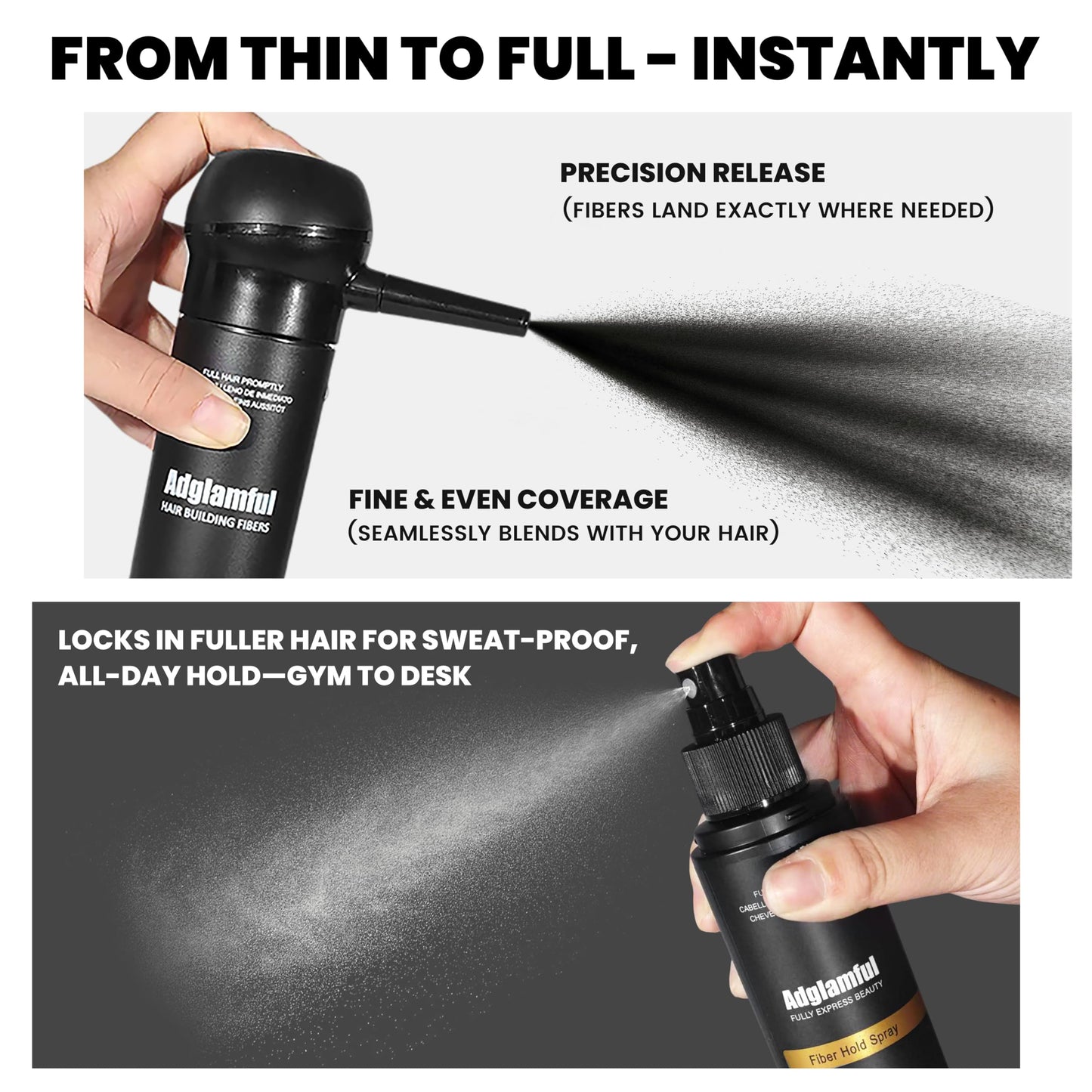 Adglamful Hair Building Fibers Kit for Thinning Hair, Hair Thickening Fiber & Hold Spray for Instant Natural Finish, Long-Lasting Coverage, Conceals Sparse Roots & Hairline- Dark Brown, 30g+120ml