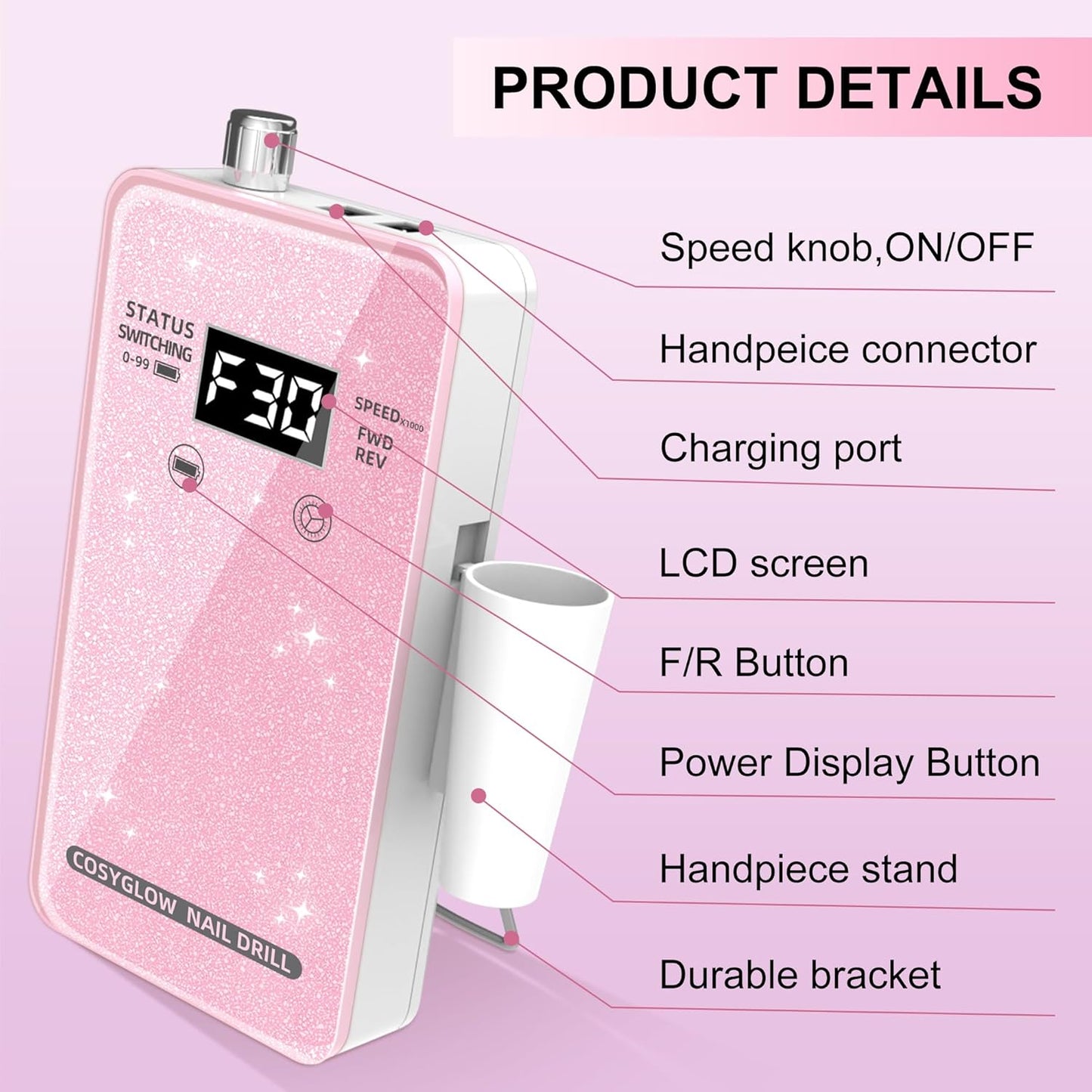 Professional Electric Nail Drill - COSYGLOW Glitter Cordless E-File Kit with 11 Bits | 30000 RPM Rechargeable for Acrylic Nails (Pink)