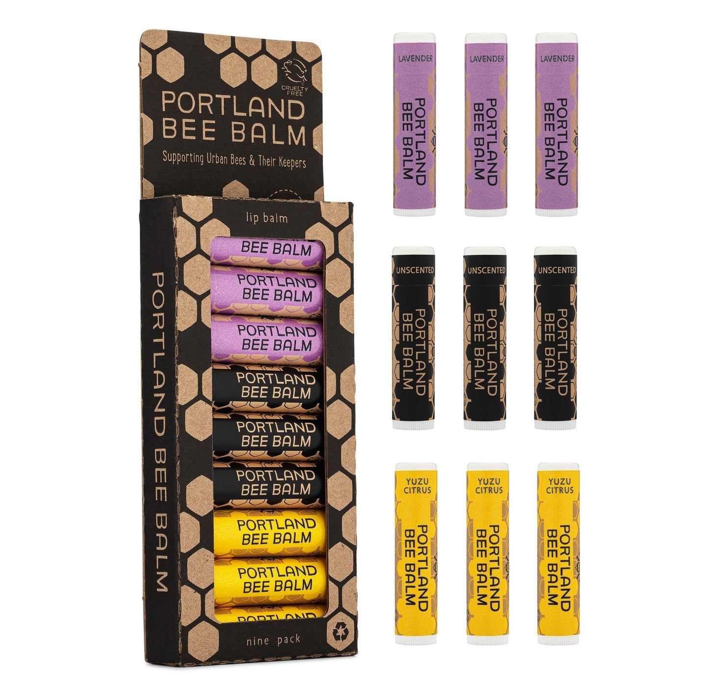 Portland Bee Balm All Natural Handmade Beeswax Lip Balm with Organic Coconut and Olive Oil (Yuzu Citrus & Lavender Assortment) - 9 Count | Natural Lip Balm, Cruelty Free, Plastic Neutral