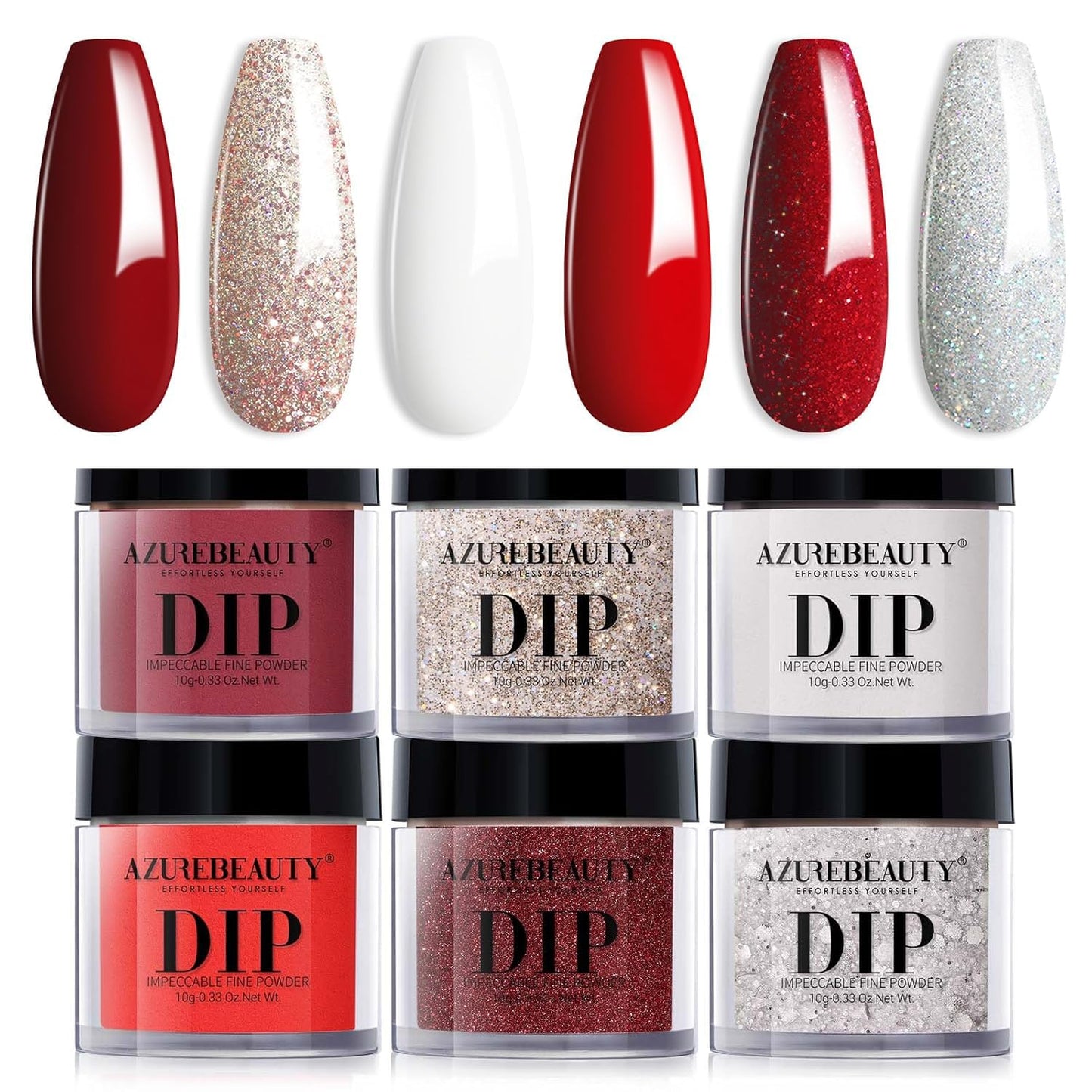AZUREBEAUTY Dip Powder Nail Set, Red Burgundy Rose Berry Sparkle White Silver Glitter, 6 Colors Valentine's Day Dipping Powder Starter Kit French Nail Art Manicure DIY Salon, No Need Nail Lamp Cured