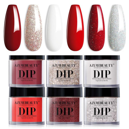AZUREBEAUTY Dip Powder Nail Set, Red Burgundy Rose Berry Sparkle White Silver Glitter, 6 Colors Valentine's Day Dipping Powder Starter Kit French Nail Art Manicure DIY Salon, No Need Nail Lamp Cured