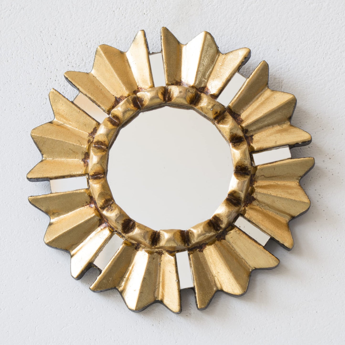 DecorContreras Small Round Wall Mirror with Bronze Leaf Frame 6in -Peruvian Sun Design - Handmade Wood Hanging Mirror Decor