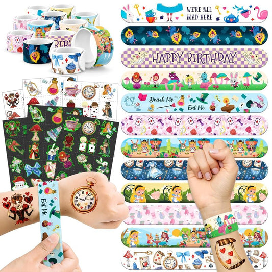 96 Pcs Alice Party Favor Set - Slap Bracelets & Tattoos, Fairytale Princess Birthday Gifts for Girls, Tea Party Decorations, Bulk Toys for Kids