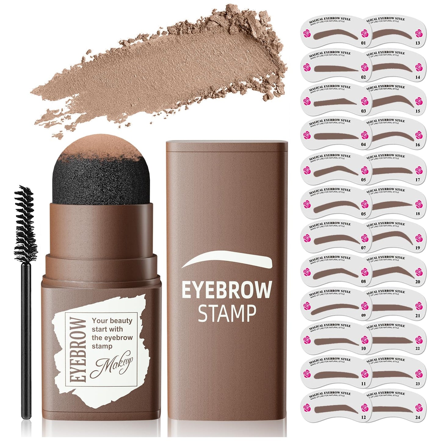 Eyebrow Stamp Stencil Kit Waterproof & Smudge-Proof Brow Shaping Kit with 24 Reusable Thin Eyebrow Stencils (Light Brown)