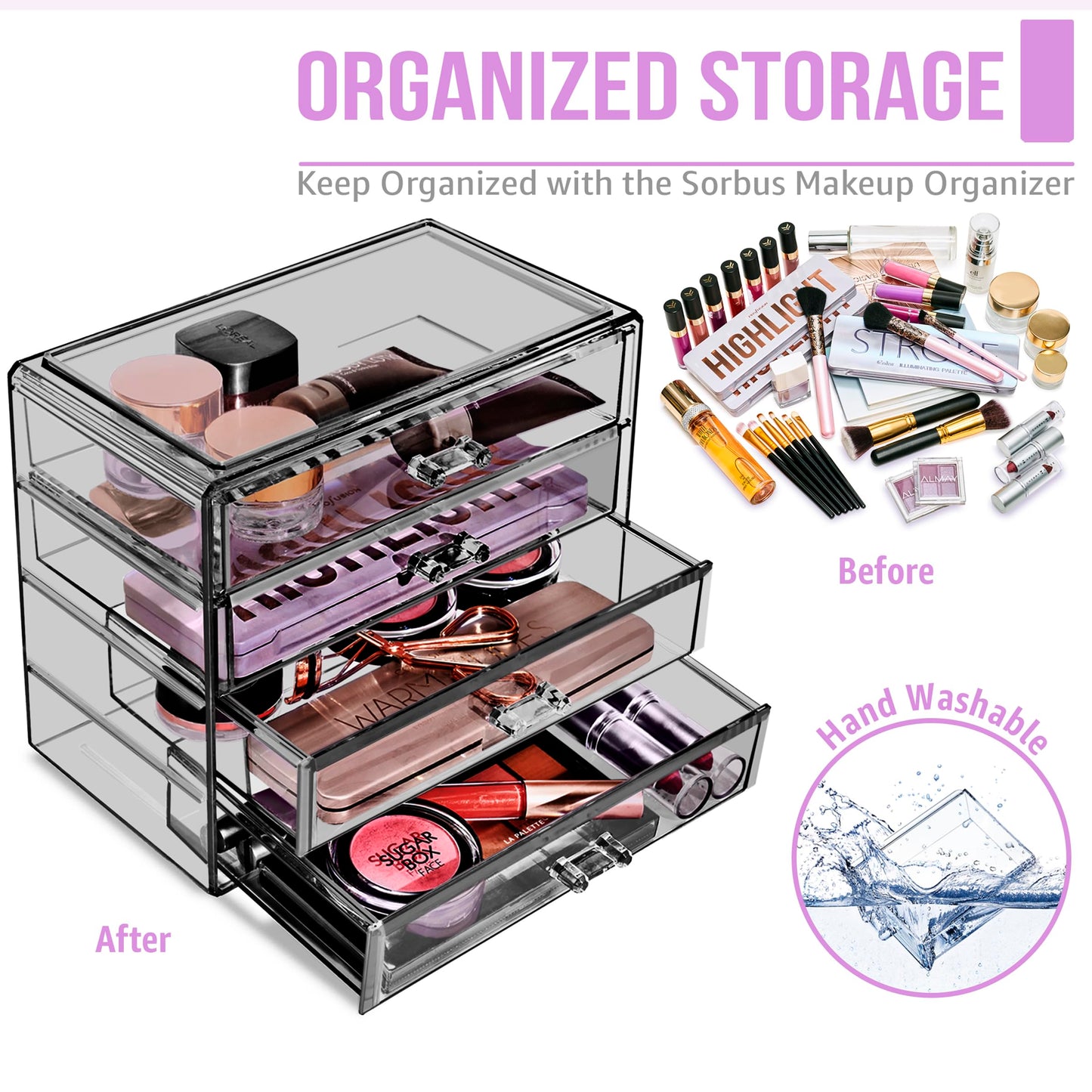 Sorbus Makeup Organizer - 4 Drawer Acrylic Make Up Organizers and Storage for Cosmetics, Jewelry, Beauty Supplies, Clear Makeup Organizer for Vanity, Girl's Room, College Dorm, Counter, Bathroom Sinks