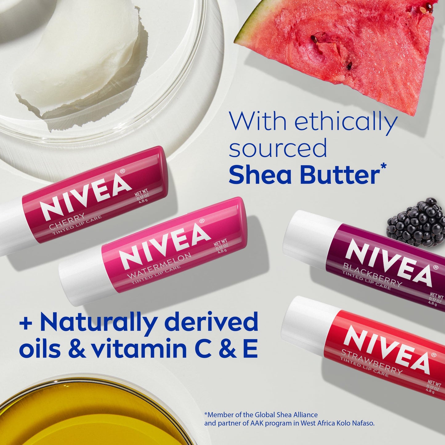 NIVEA Lip Care, Fruity Tinted Lip Balm Variety Pack, Cherry, Strawberry, Blackberry and Watermelon Flavors, 3-in-1 Moisture, Repair and Color, 0.17 Oz Stick, Pack of 4