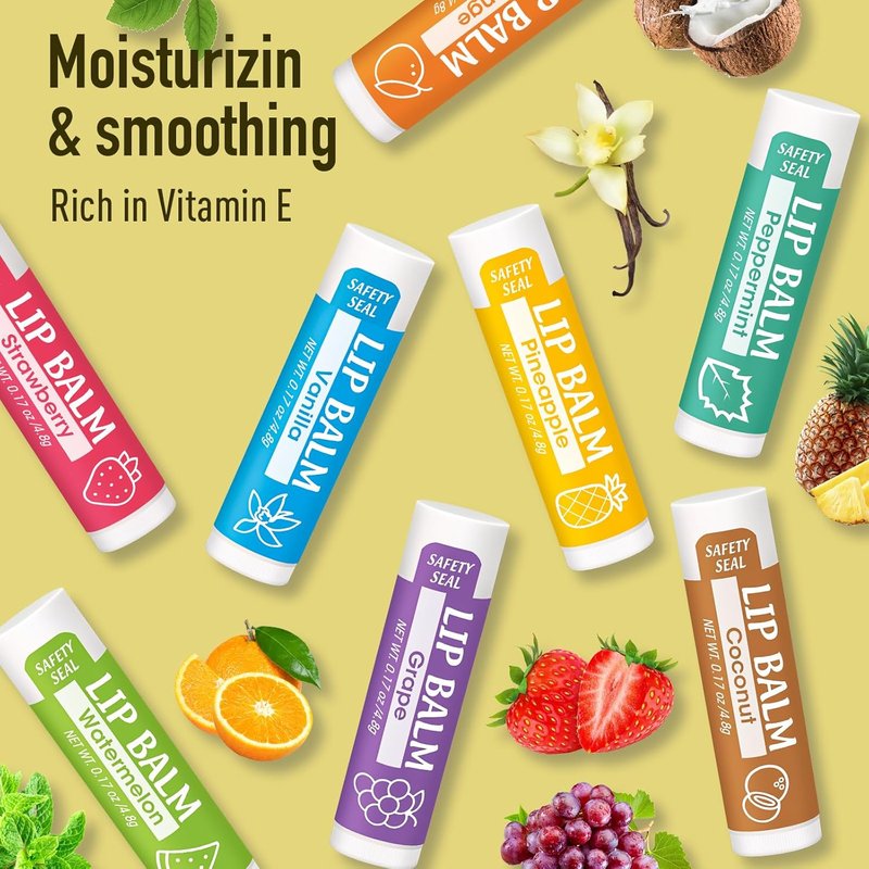 128 Pack Natural Lip Balm | Moisturizing with Vitamin E & Coconut Oil - 8 Flavors for Dry Cracked Lips