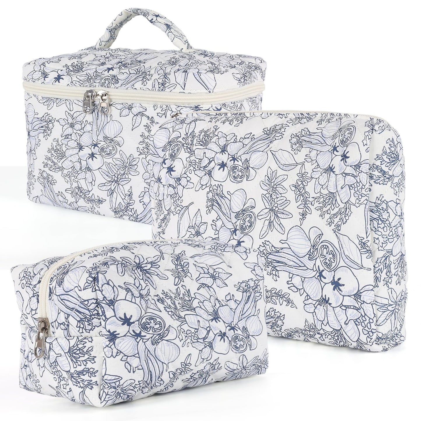 Sarrany 3Pcs Makeup Bag Set,Quilted makeup bag,Floral Cosmetic Bag for Women, Cute Cotton Cosmetic Bag, Wide-open Easy to Take, Flower Toiletry Organizer Bag