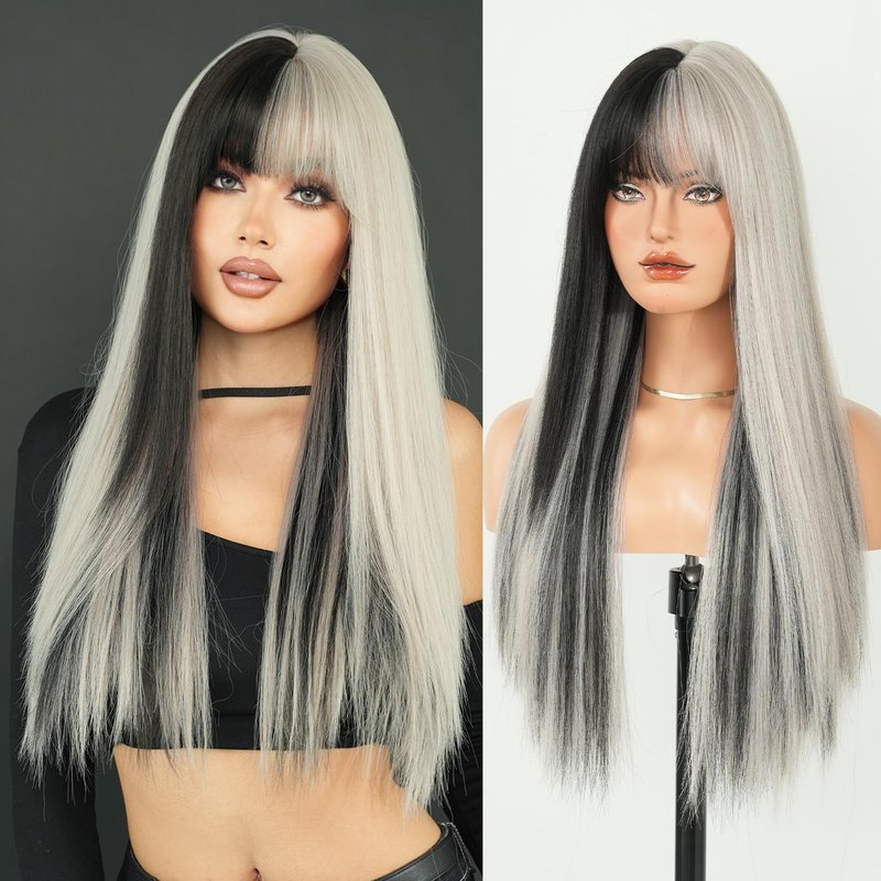 7JHH WIGS Long Straight Silver Grey Highlight Wig with Bangs 27in Natural Heat Resistant Fiber Synthetic Grey Black Ombre Layered Wigs for Women Girls Holiday Chrismas Daily Party Used