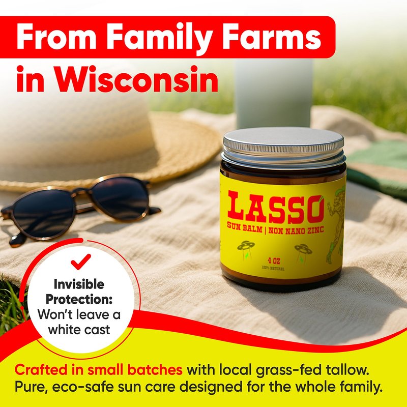 LASSO Tallow Sun Balm – Natural Moisturizing Balm with Non-Nano Zinc, Beeswax & Vitamin E – 4oz Glass Jar – Grass-Fed - finished Tallow – Reef-Safe, Sensitive Skin-Friendly