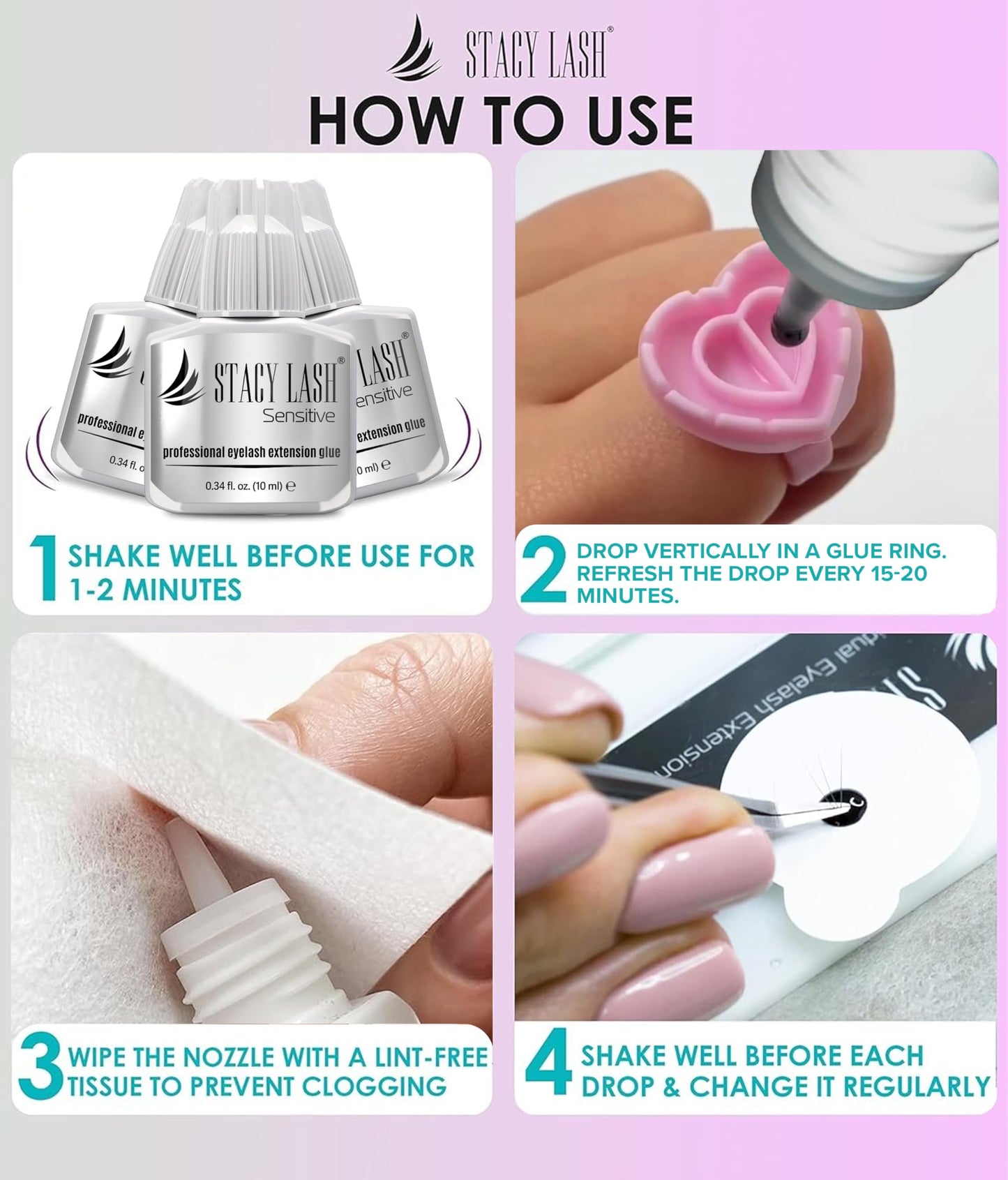 STACY LASH Sensitive Eyelash Extension Glue 0.34fl.oz/10ml / 5-6 Sec Drying time/Retention – 4-5 Weeks/Professional Black Adhesive/Lash Tech Supplies Includes Glue Ring