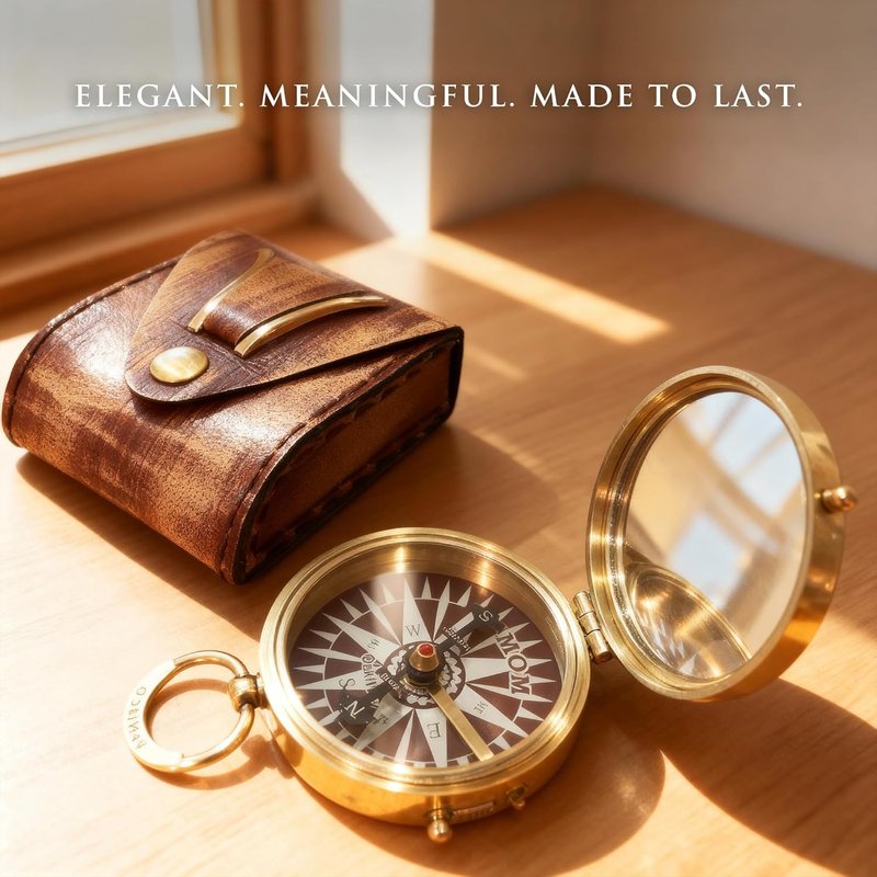 Makeup Compact Hand Mirror with Compass - Sentimental Gift for Mom | Premium Brass, Perfect for Birthdays & Mother's Day