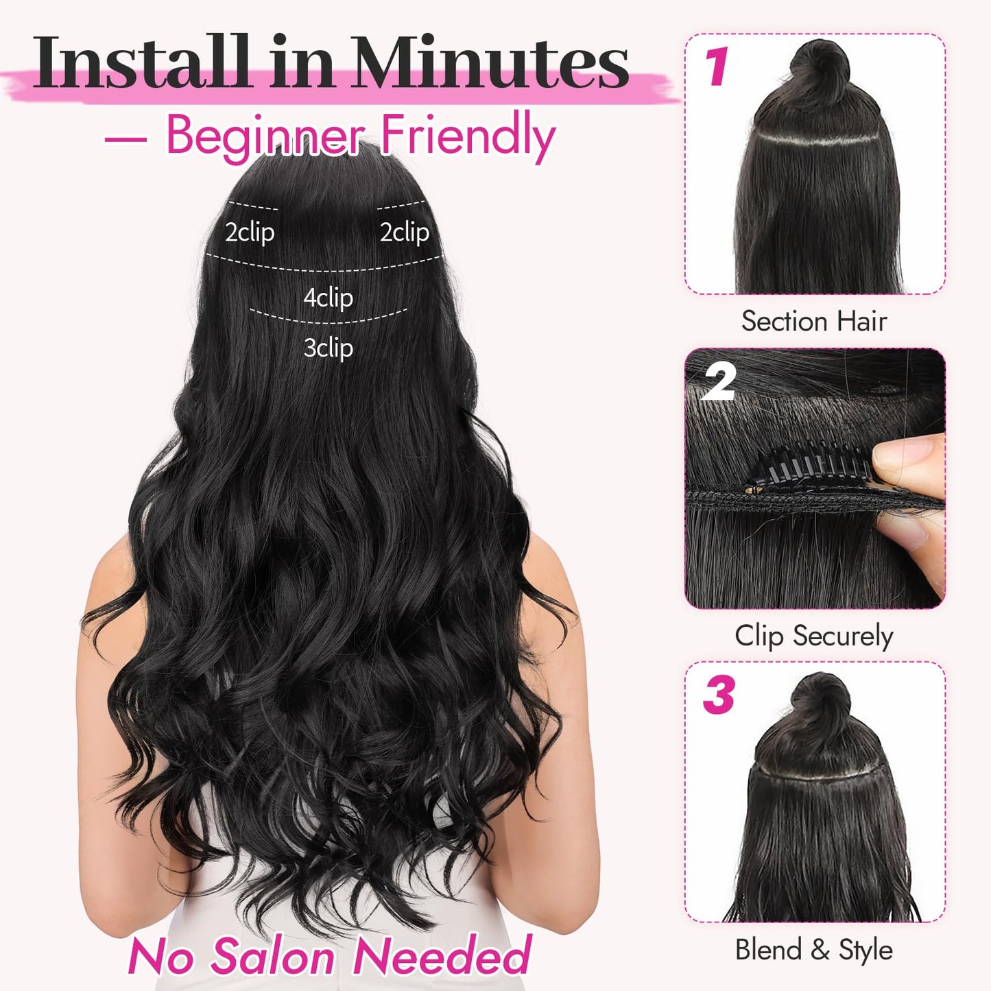 KooKaStyle Clip In Hair Extensions, Natural Long Layered Soft Invisible Synthetic Curly Wavy Hairpieces for Women, 4 pcs (20 Inch, Black)