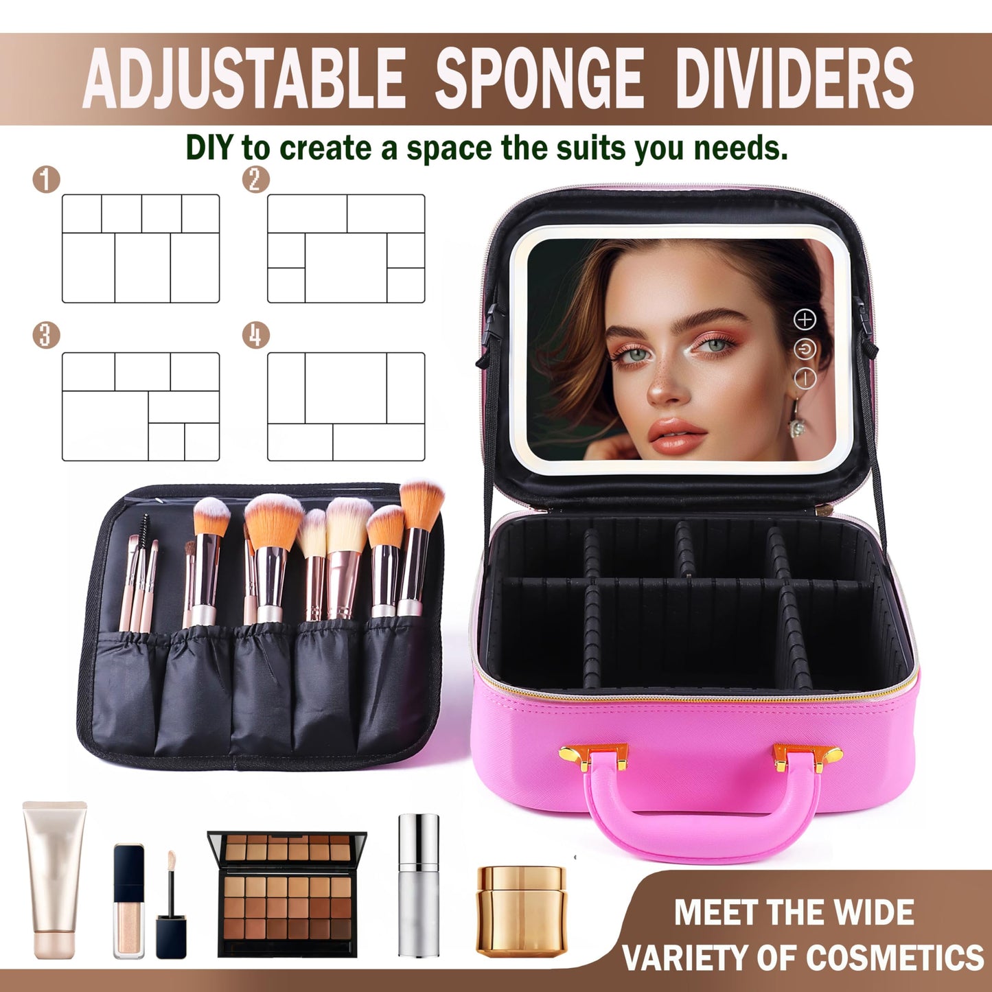 Makeup Travel Train Case with Mirror, LED Light, 3 Adjustable Brightness Levels, Cosmetic Bag with Handle, Portable Storage, Adjustable Partition, Waterproof, Monogrammed Gift Makeup Bag for Women