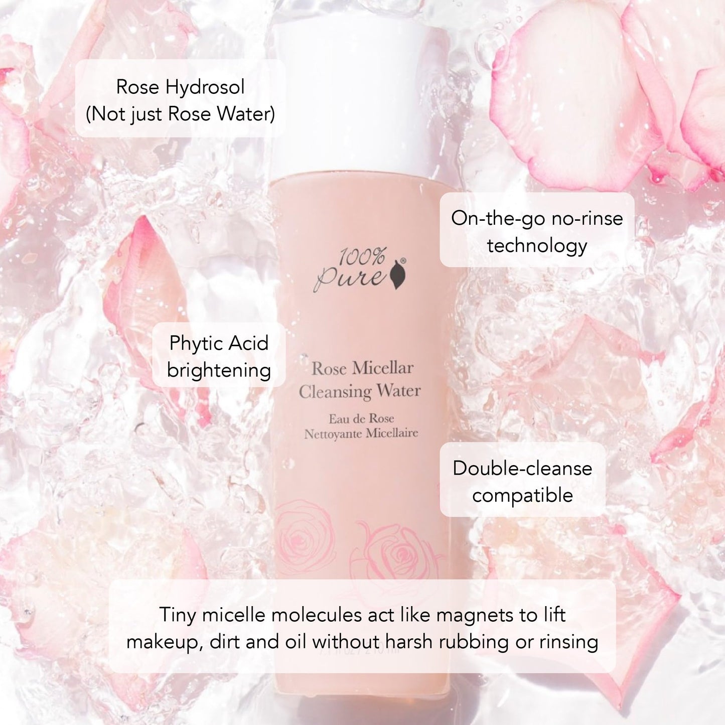 100% PURE Rose Micellar Water – Hydrating First Step Double Cleanser & Travel-Ready Makeup Remover – Infused with Organic Aloe, Rose Hydrosol & Cornflower – No Water Needed, Alcohol-Free – 7.1 fl oz