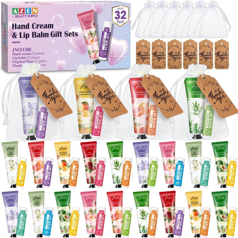 AZEN 32 Sets Bulk Gifts, Hand Cream and Lip Balm Bulk Set with Organza Bag Thank You Card, Baby Shower Wedding Gift for Guests, Bridal Wedding Favors for Guests, Mothers Day Gifts Stocking Stuffers