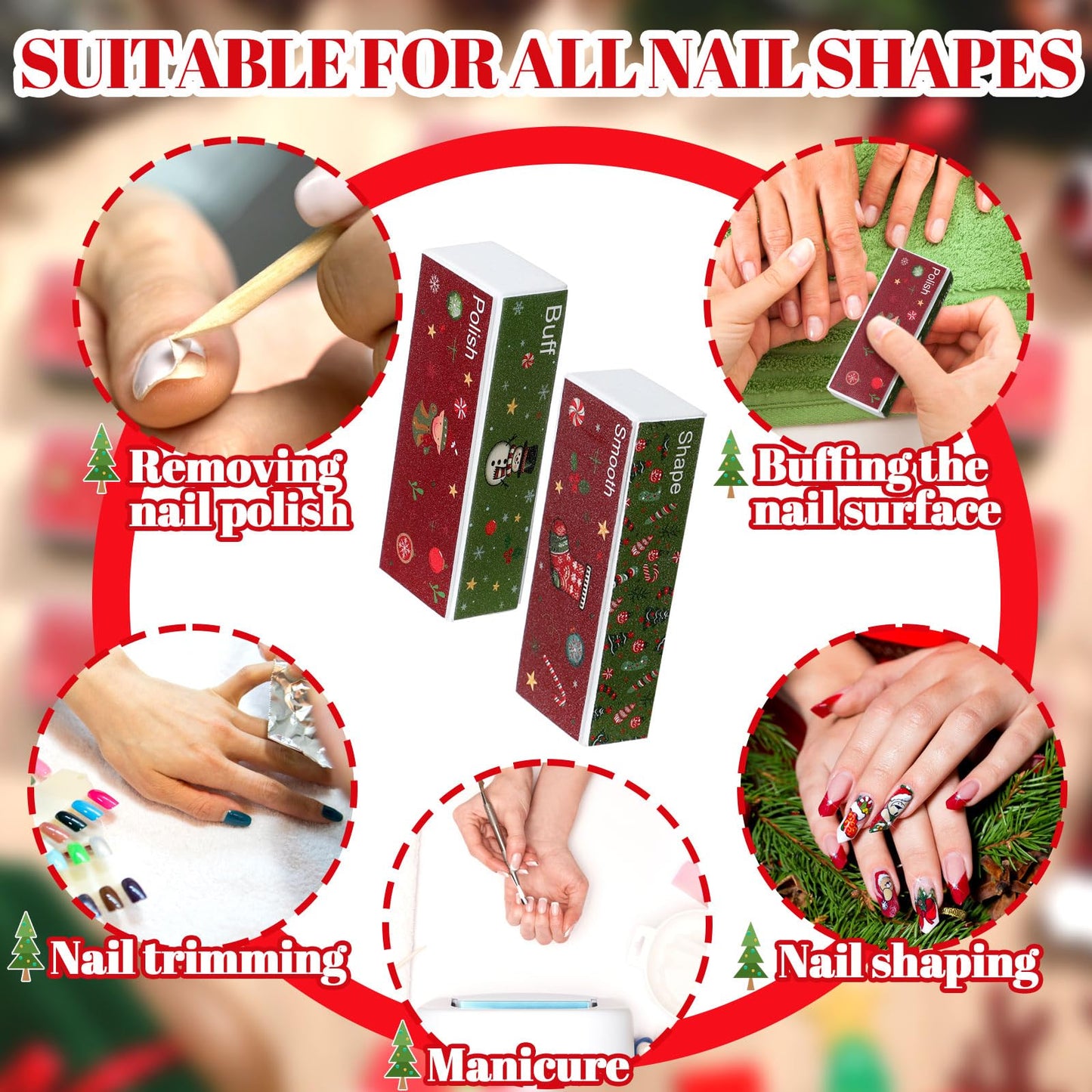 FoldTier 50 Pcs Christmas Nail Buffer Blocks Gifts Bulk Xmas Tree Snowman 4 Way Nail Buffer Files for Natural Acrylic Nails Xmas Party Stocking Stuffers Gifts for Women Customers Coworkers Staff