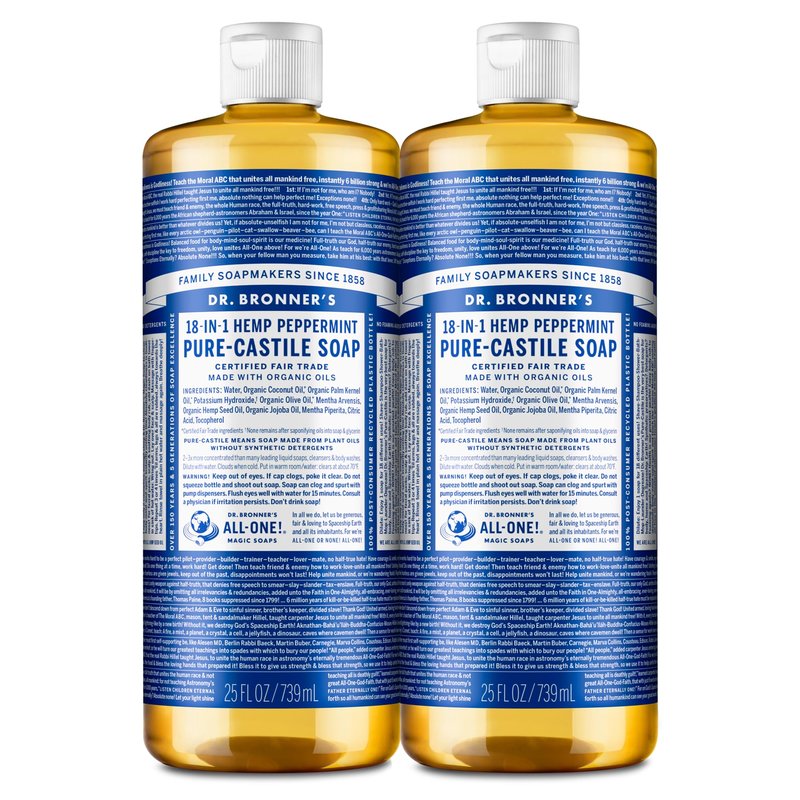 Dr. Bronner's - Pure-Castile Liquid Soap (Peppermint, 25 ounce) - Made with Organic Oils, 18-in-1 Uses: Face, Body, Hair, Laundry, Pets and Dishes, Concentrated, Vegan, Non-GMO (2-Pack)