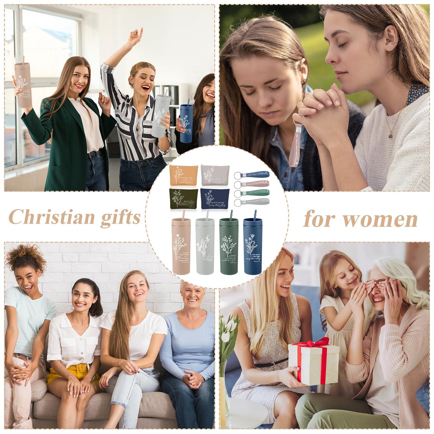 Fumete 4 Set Christian Appreciation Gifts for Men 16oz Skinny Cup Religious Cosmetic Bag and Bible Verse Keychain Church Gifts for Women Father Dad Teacher Nurse(Classic Color,Floral)