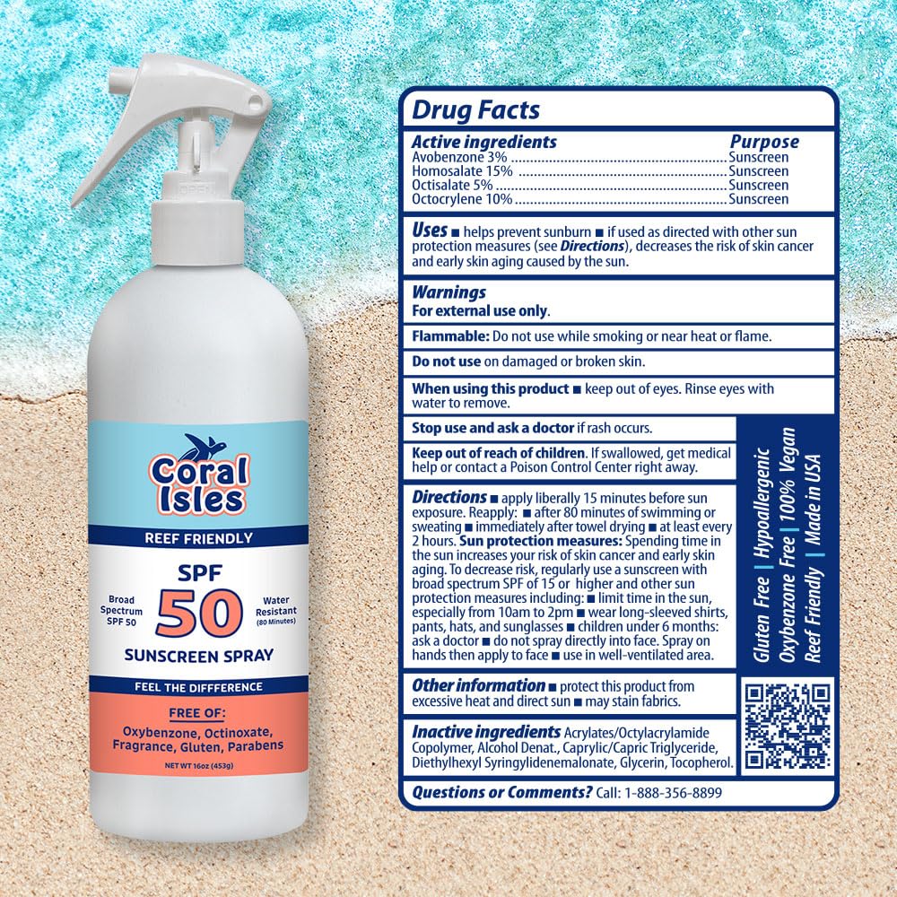 Coral Isles SPF 50 Sunscreen Spray Reef Compliant Broad Spectrum 16 Fl Oz
