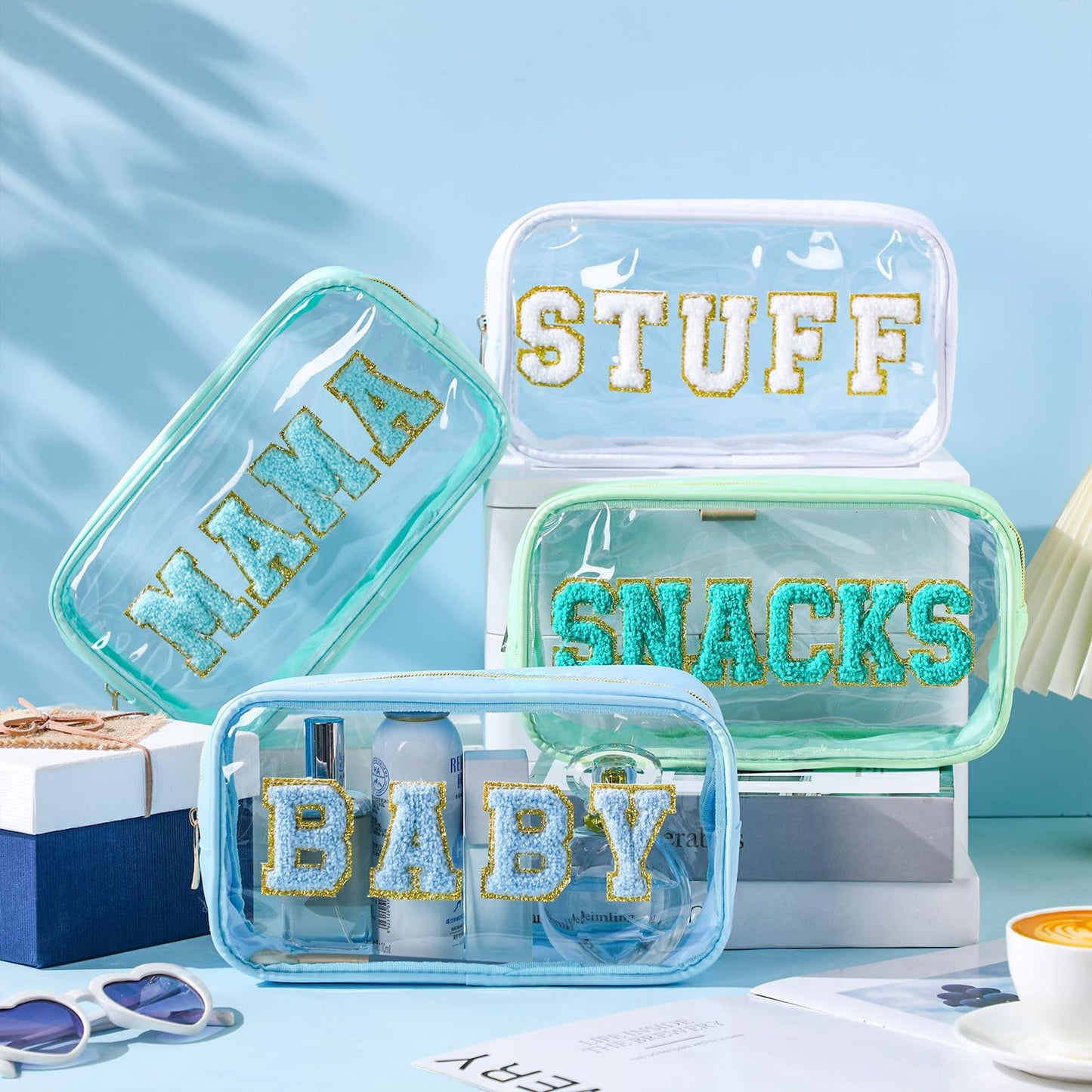 SilTriangle 4 Pcs Mama and Baby Toiletry Bag Clear Chenille Letter Diaper Bag Pouch Snacks Makeup Stuff Travel Preppy Transparent Pouch with Zipper for Women Gift(Fresh Color)