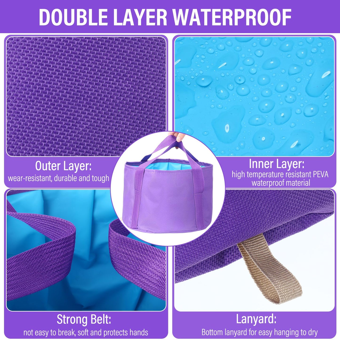 FillTouch 12 Pcs 15L Foldable Foot Soaking Tub Kit Portable Foot Bath Tub for Soaking Feet with Towel and Storage Bag Soak Spa Bucket for Travel Camping (Purple)