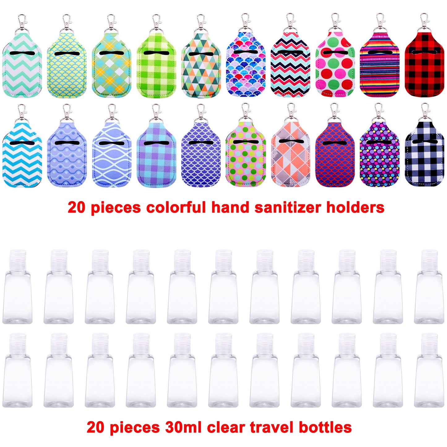 Duufin 40 Pieces Christmas Hand Sanitizer Holder Empty Travel Bottle Set: 20 Hand Sanitizer Keychain Holders and 20 Reusable Flip Cap Travel Bottles