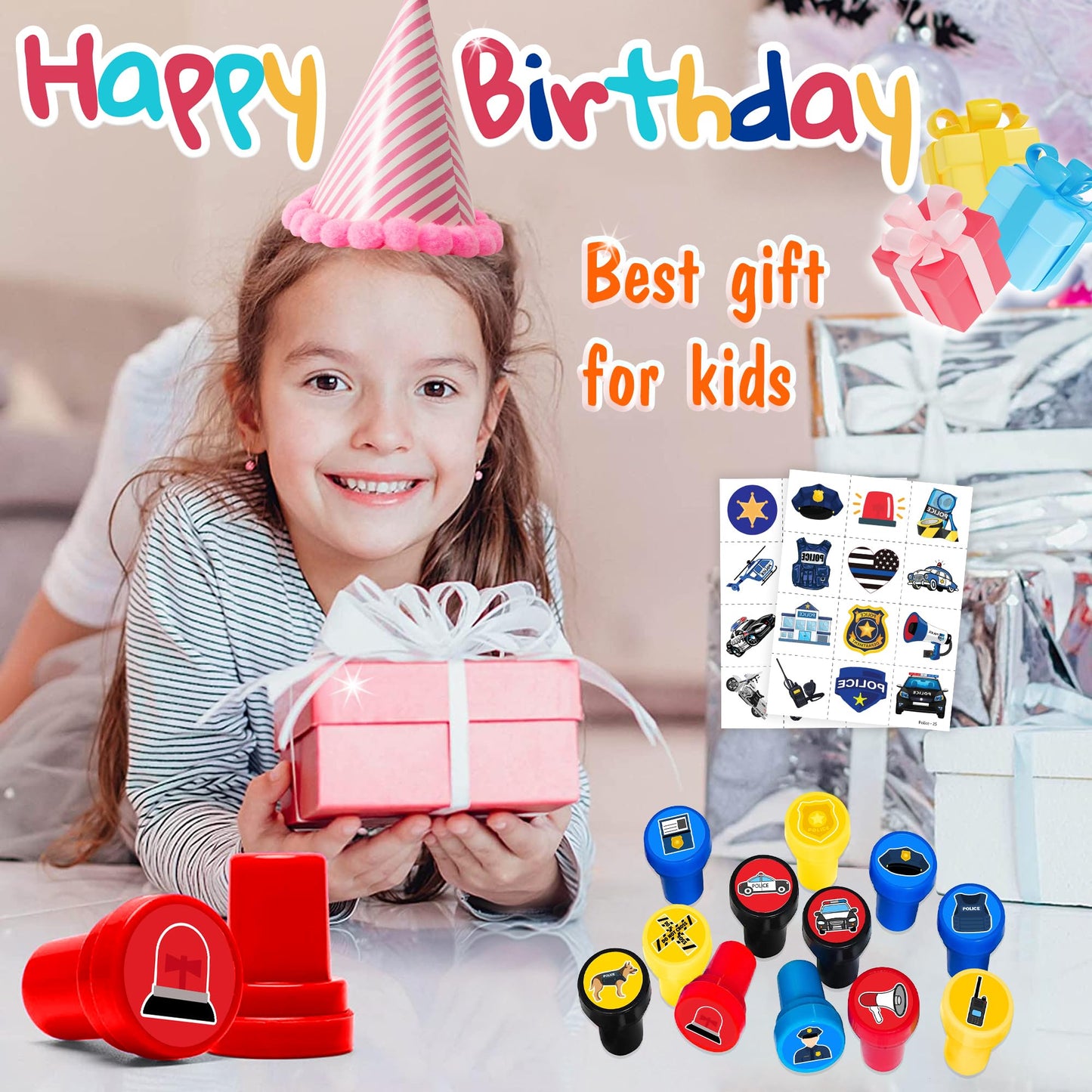 36PCS Police Party Favors - 24PCS Pre-Cut Temporary Tattoos & 12PCS Stamps - Ideal Police Officers Cops Themed Birthday Card Decorations Supplies Goodie Bag Kids Gifts Classroom Rewards Prizes