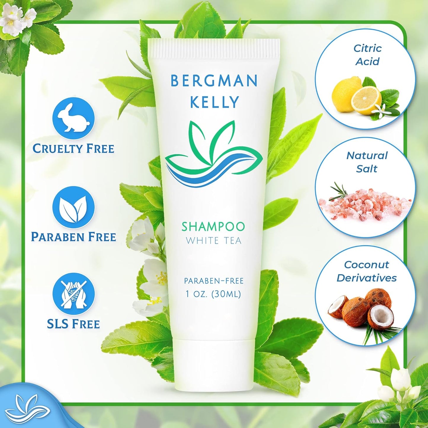 Bergman Kelly Hotel Toiletries Bundle - White Tea Mini Amenities Set | 100 Pieces: 25 Soap, 25 Shampoo, 25 Conditioner, 25 Lotion