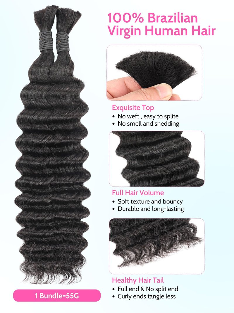 QUINARVVNA Human Braiding Hair for Boho Braids 110g Deep Wave Curly Bulk Human Hair 2 Bundles 12A Wet and Wavy Extensions for Knotless Bohemian Braids No Weft Natural Black 18 Inch
