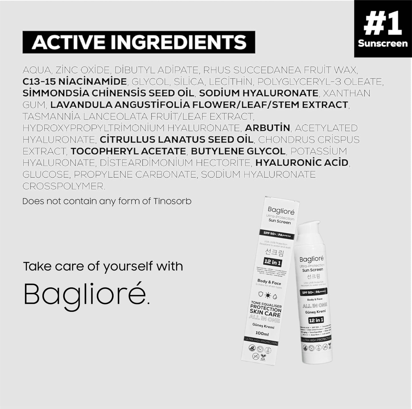 Bagliore Ultra-Protection Sunscreen, SPF 50+, Moisturizer with Zinc Oxide & Hyaluronic Acid, PA+++++, 12 in 1, Body & Face, 3.38 fl oz