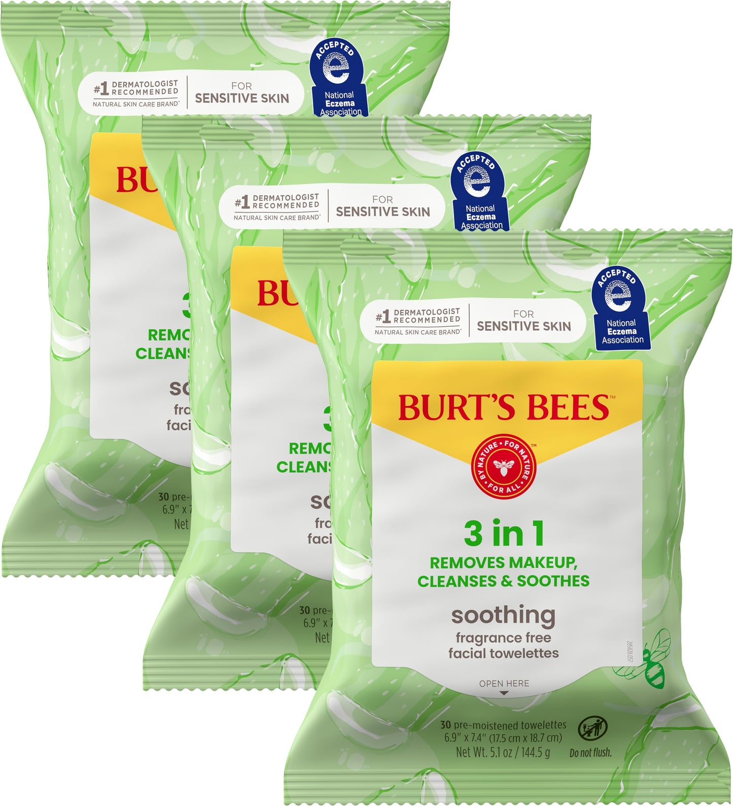 Burt’s Bees Soothing, Fragrance Free Facial Towelettes for Sensitive Skin, Aloe Vera, 100% Plant Based Cloths; 99% Natural Origin; Removes Makeup, Dirt and Oil; No Rinsing; 30 Ct, Pack of 3