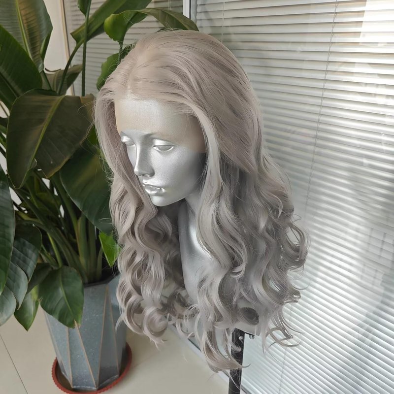 Long Body Wave Lace Front Wig - Sliver Grey Natural Wavy Heat Resistant Synthetic Hair | 24 Inch for Women & Girls
