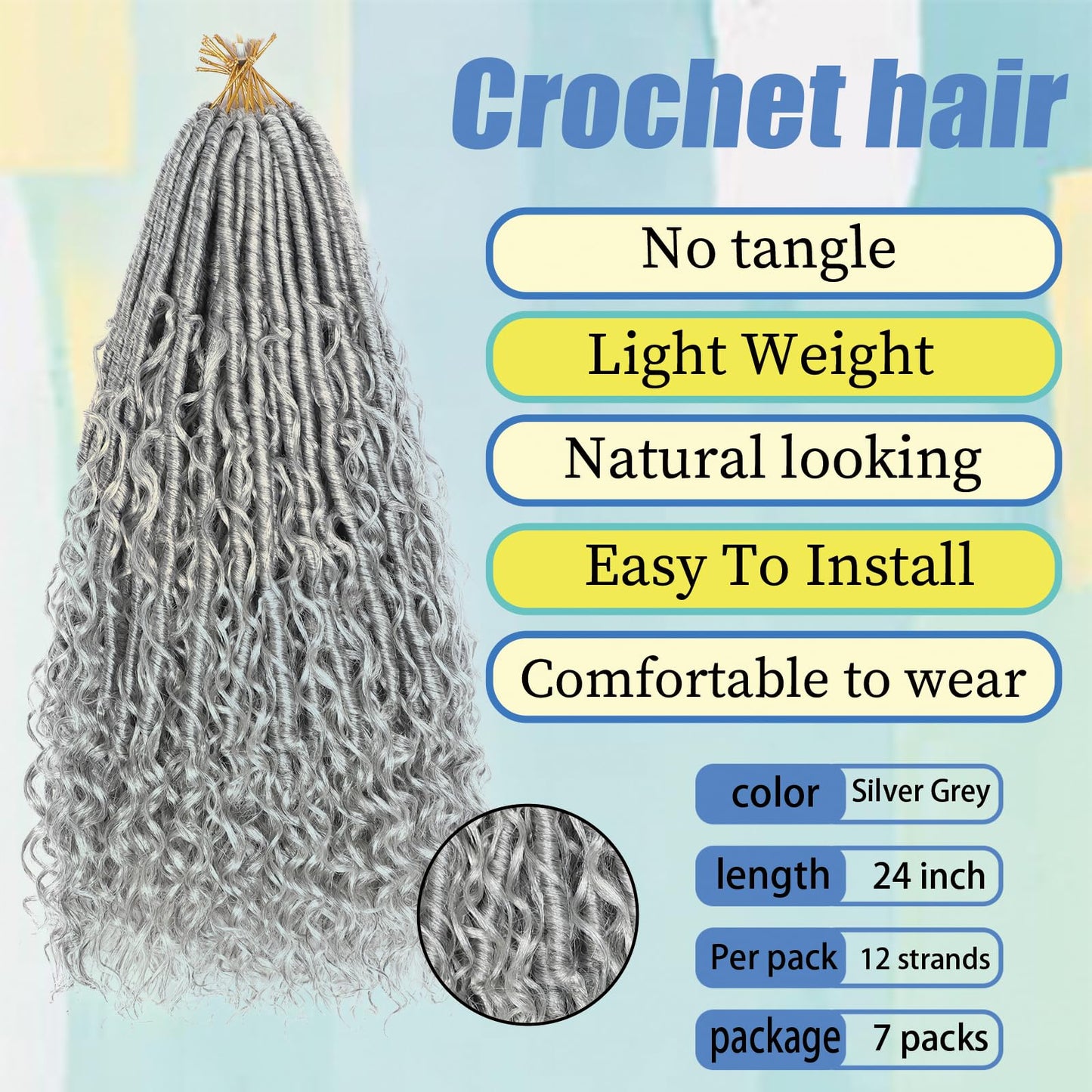 Grey Goddess Locs Crochet Hair 7-Pack Pre Looped Braiding Hair 84 Strands Bohemian Faux Loc Boho Braids River Locs Dreadlocs Hair for Black Women (grey, 24 Inch(Pack of 7))