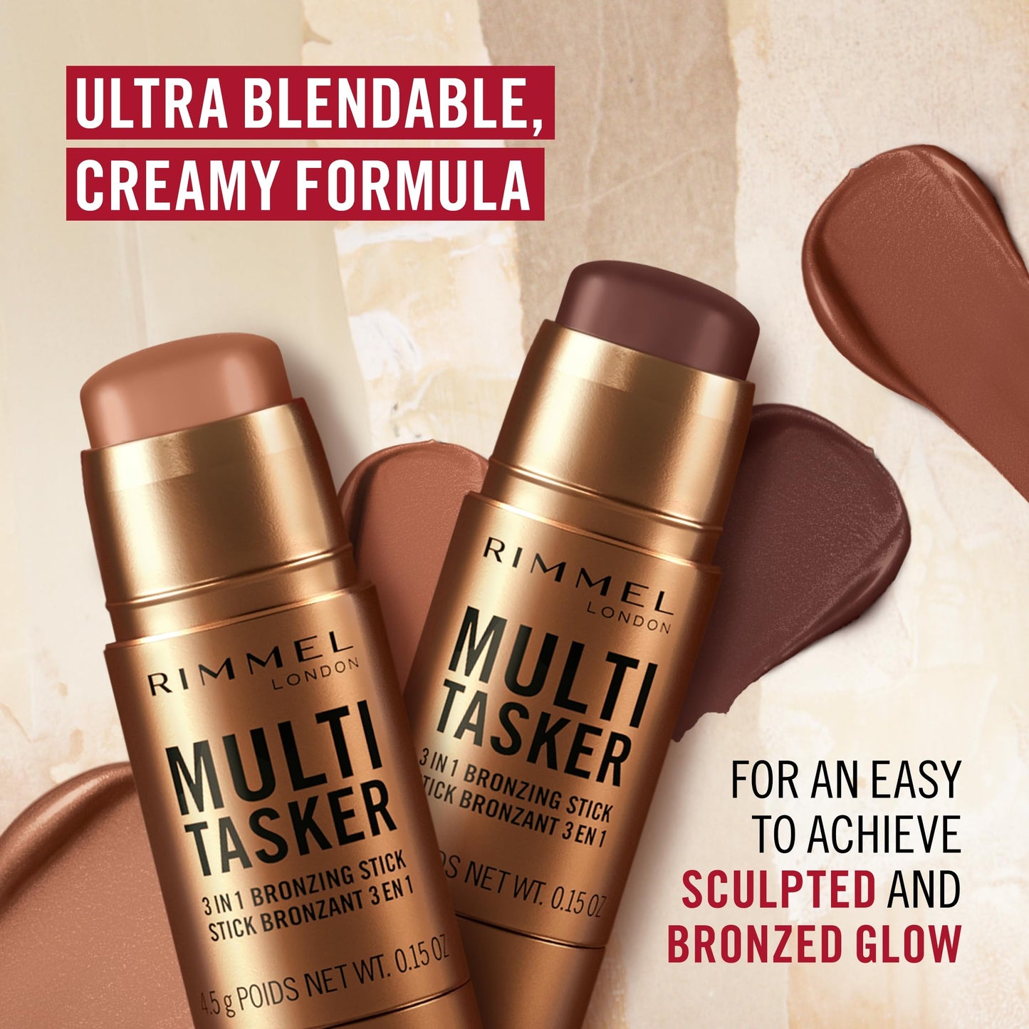 Rimmel Multi Tasker 3 in 1 Bronzing Stick, 004 Deep, Sculpted and Bronzed Glow, All-Day Wear, Sheer and Dewy Finish, Infused with Vitamin C & E, Vegan Formula, Cruelty-Free