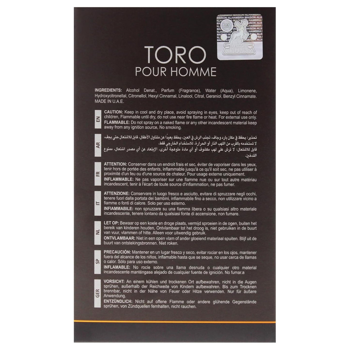 Toro by Maison Alhambra - Men's 3.4 oz Eau de Parfum Spray | Sophisticated Fragrance for All Occasions