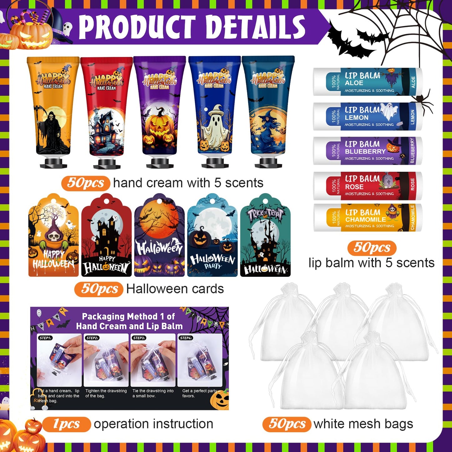 50 Pack Halloween Hand Cream and Lip Balm Set, Bulk Halloween Gifts with Halloween Cards and Organza Bag, Halloween Decorations and Halloween Party Favors Goodies for Women