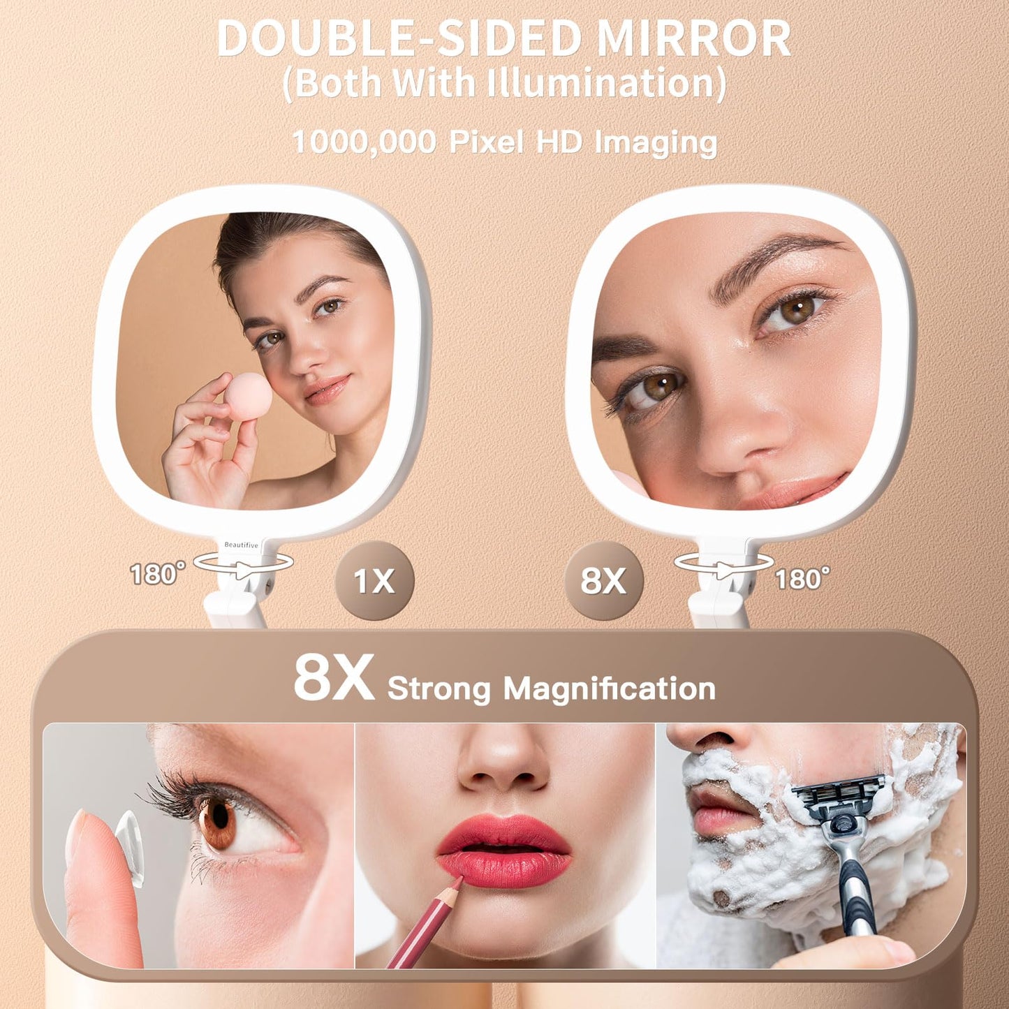 Beautifive 6.3" Makeup Mirror, 1X/8X Magnification, 3 Light Modes, Plug-in or Battery Operated Double-Sided Lighted Vanity Mirror, Adjustable Height Stand for Home, Women