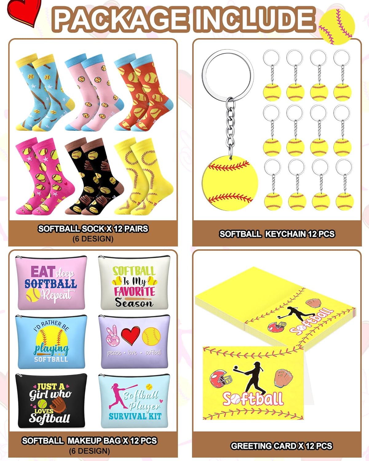 Softball Team Gifts Set - 48 Pcs for Women & Girls | Funny Makeup Bag, Novelty Socks, Keychains & Cards for Senior Night Party Favors