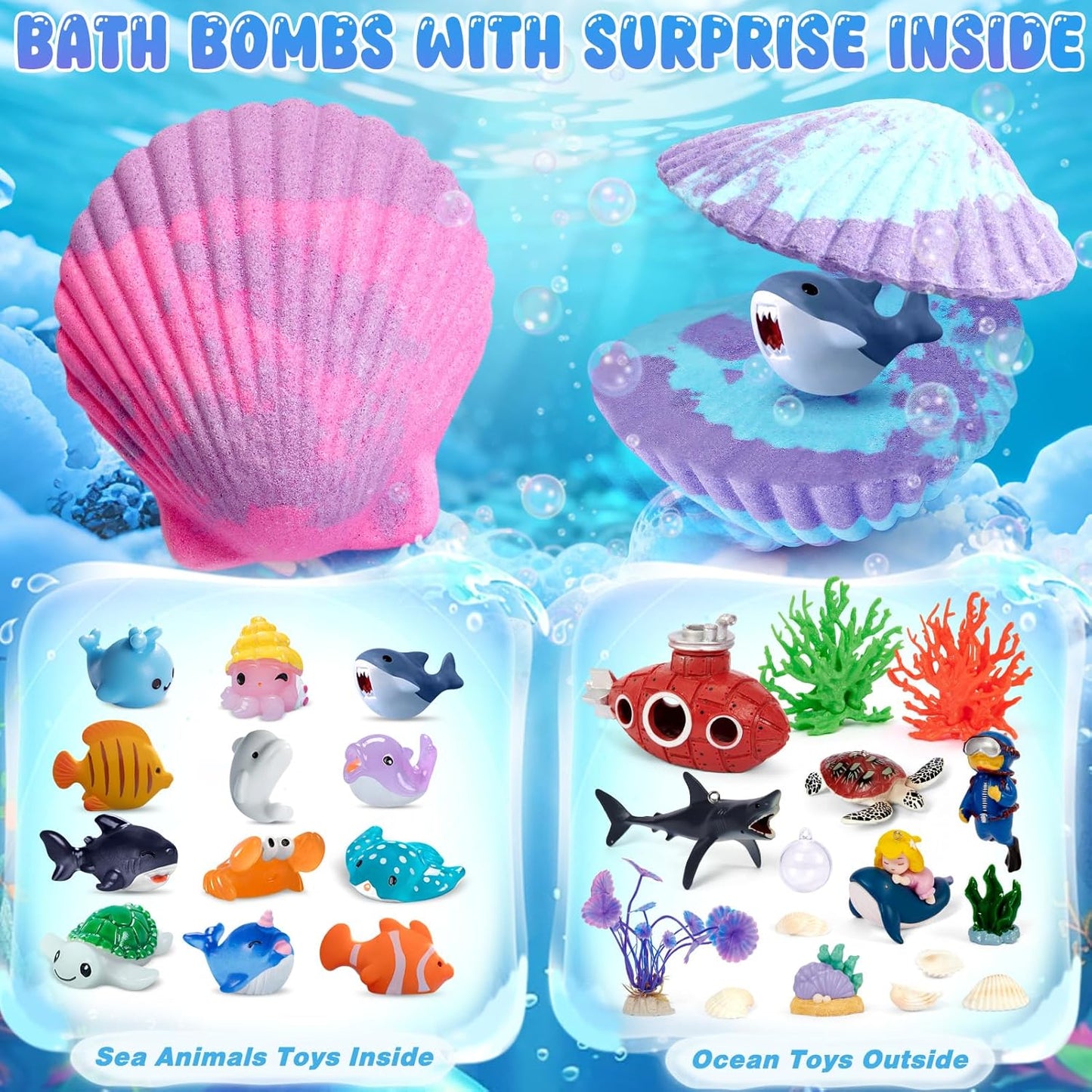 Ocean Bath Bombs for Kids - 12 Pack with Surprise Sea Animal Toys | Handmade Bubble Bath Fizzies for Boys & Girls