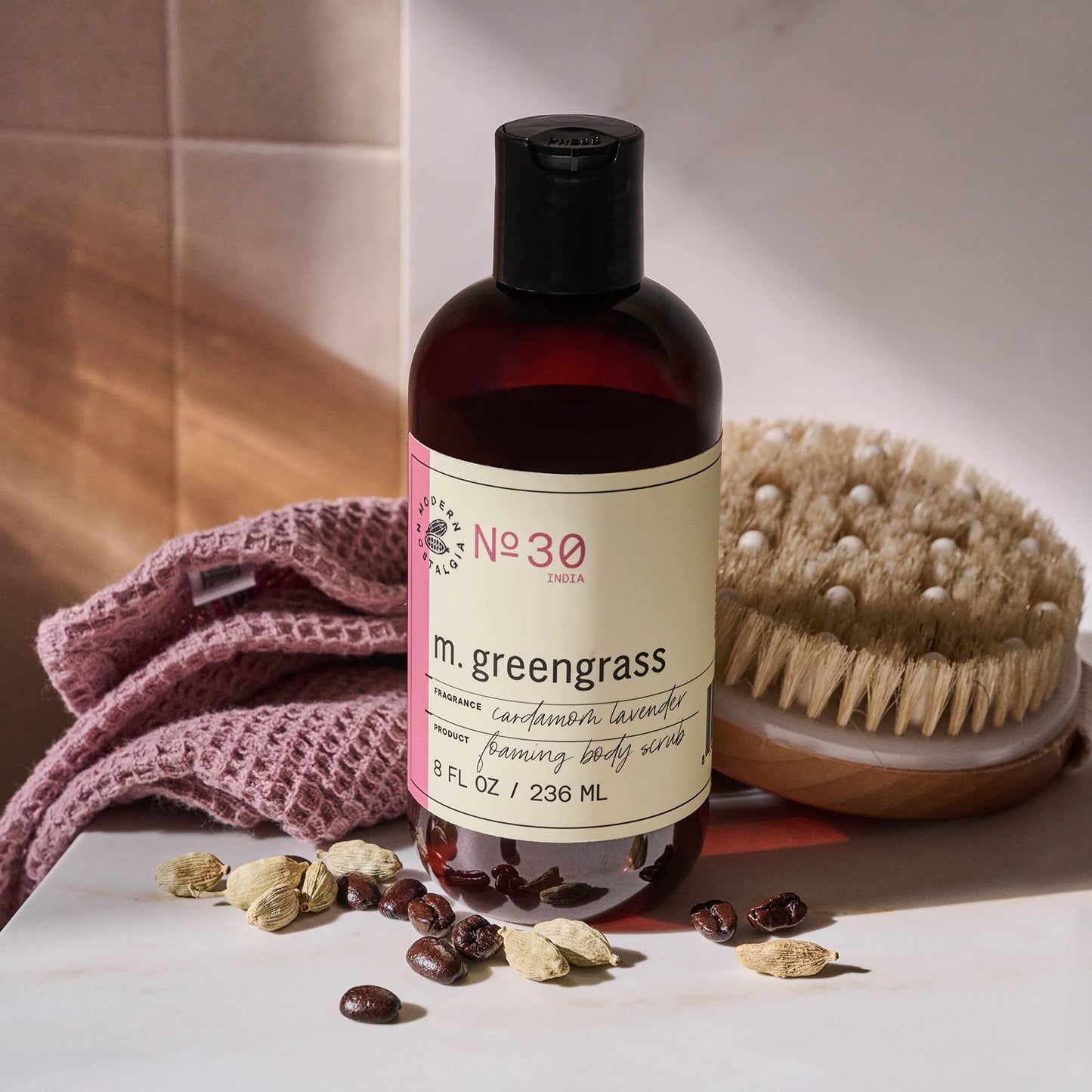 m. greengrass Body Scrub - Exfoliating Foaming Gel Scrub - Cleanser For Women and Men - Dead Skin Remover - Brightens & Smooths - For All Skin Types - Cruelty & Paraben Free - 8 oz - Cardamom Lavender