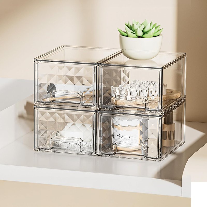 Delamu Stackable Storage Drawers - Clear Makeup & Skincare Organizer | 8 Pack for Vanity, Desk, Kitchen, Pantry