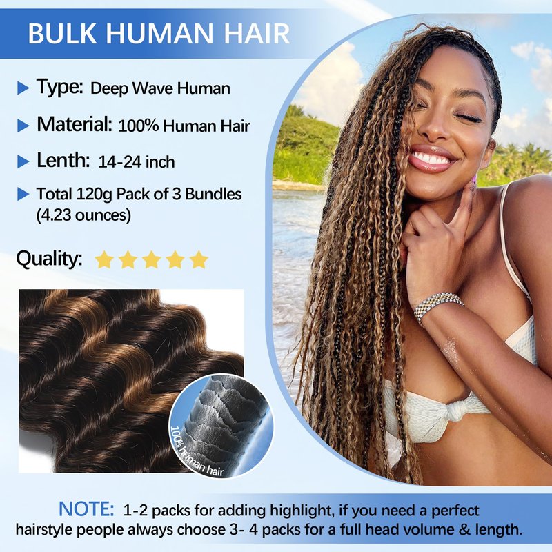 Human Braiding Hair for Boho Braids 14Inch 120g 12A Deep Water Wave Braiding Hair for Curly Boho Hair Braiding Knotless Bulk Bohemian Natural Black