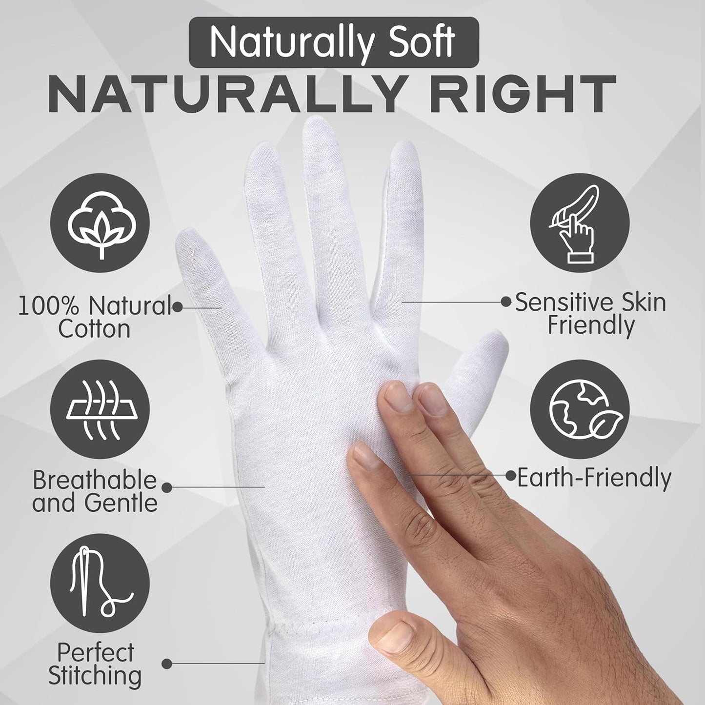 White Cotton Gloves for Dry Hands - 8 Pairs of Washable Overnight Moisturizing Gloves | Breathable for Men & Women