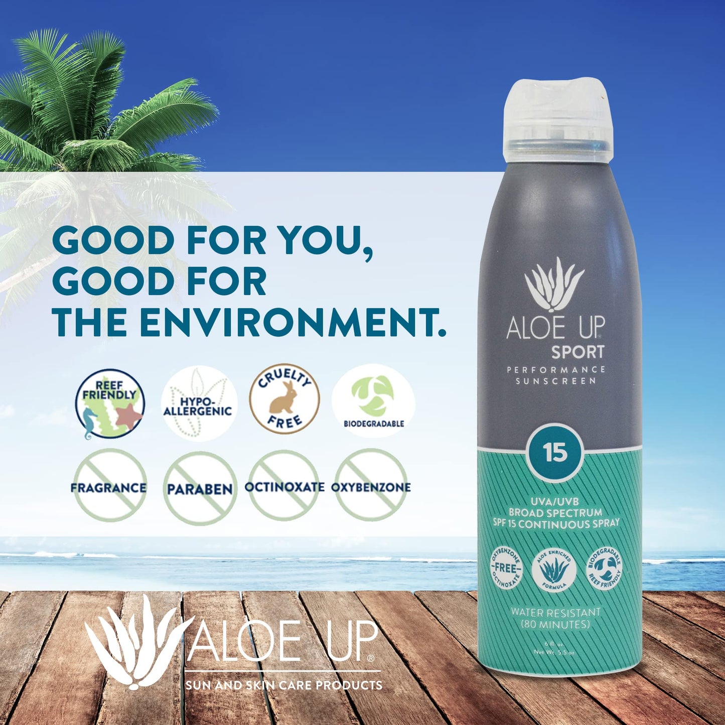 Aloe Up Sport Sunscreen Spray SPF 15, Water Resistant, Non-greasy, 6 oz
