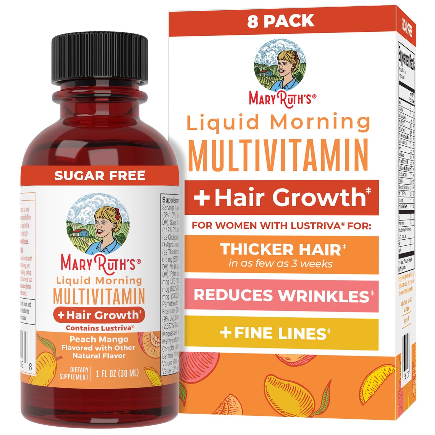 MARYRUTH'S Liquid Multivitamin + Hair Growth Travel Pack | 8 ct | Biotin 10000mcg | Lustriva Hair Growth Supplement | Clinically Tested in Women for Thicker Hair & Facial Wrinkle | Ages 18+ | 1 Fl Oz