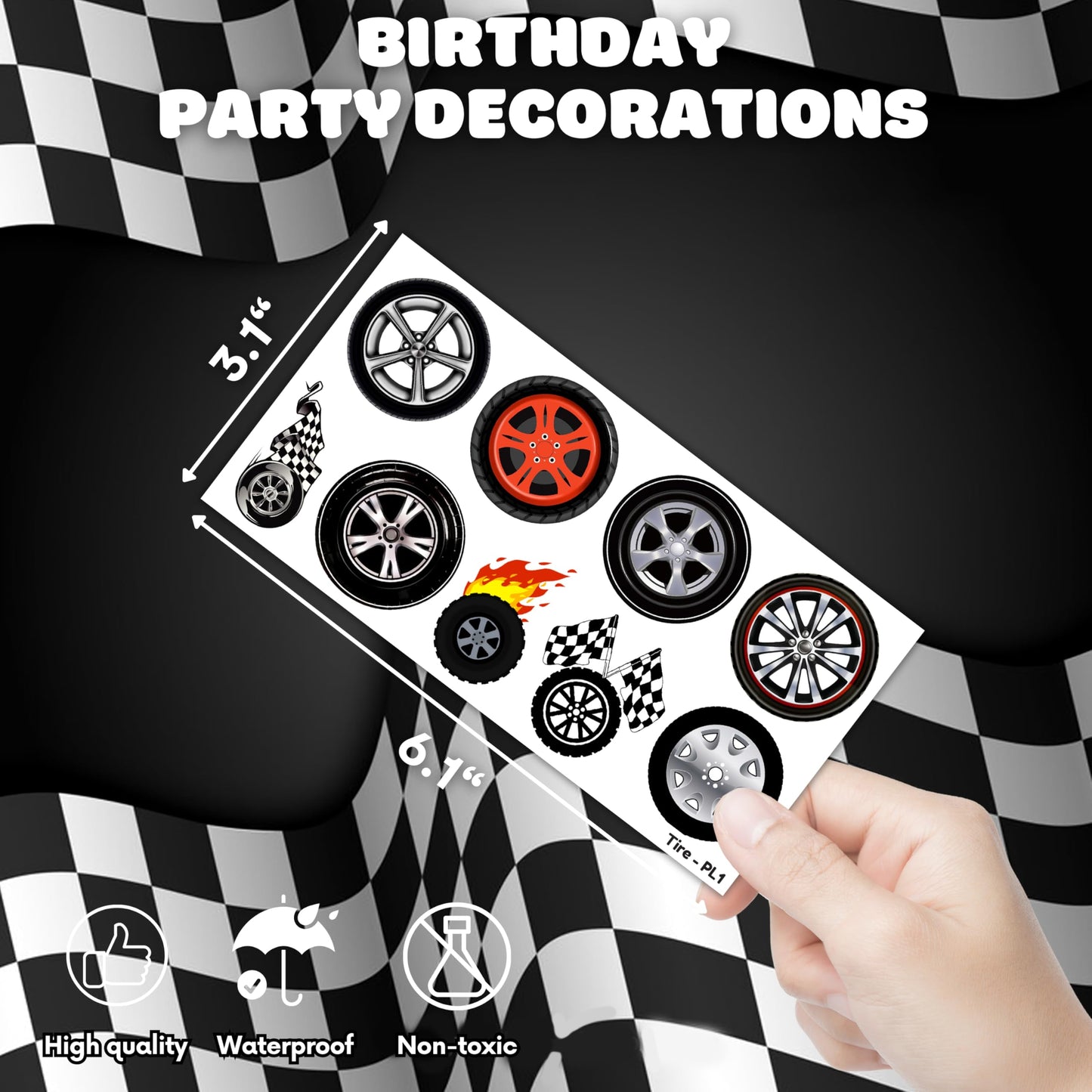 100 PCS Wheel Tire Checkered Flag Temporary Tattoos Themed Birthday Party Decorations Favors Supplies Décor Race Car Black And White Tattoo Stickers Gifts For Game Boys Girls Classroom School Prizes