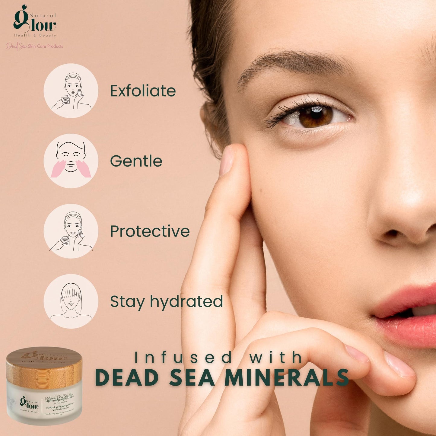 Natural Glow Dead Sea Lightening Night Cream, Brightening, Radiant Skin, Hydrating and Moisturizing for a Plumpy and Glowy Skin Natural & Paraben-Free, 50g