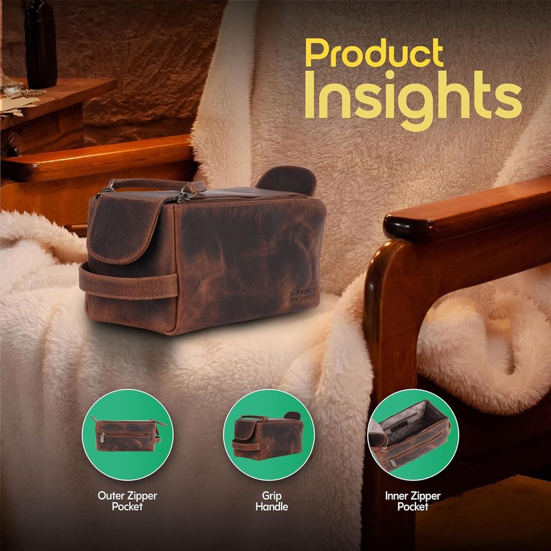 Genuine Leather Travel Toiletry Bag | Men's & Women's Makeup Organizer - Large Vintage Tan Dopp Kit